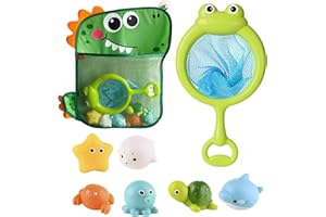 8 Pièces Jouet de Bain Bébé, Moxiewell Jeux de Bain avec Filet de Pêche et Sacs de Rangement, Animaux Jouets Flottants, Jouet de Piscine, Filet Jouet Bain Bébé pour Bébés Enfant 1 2 3 4 5 Ans (A)