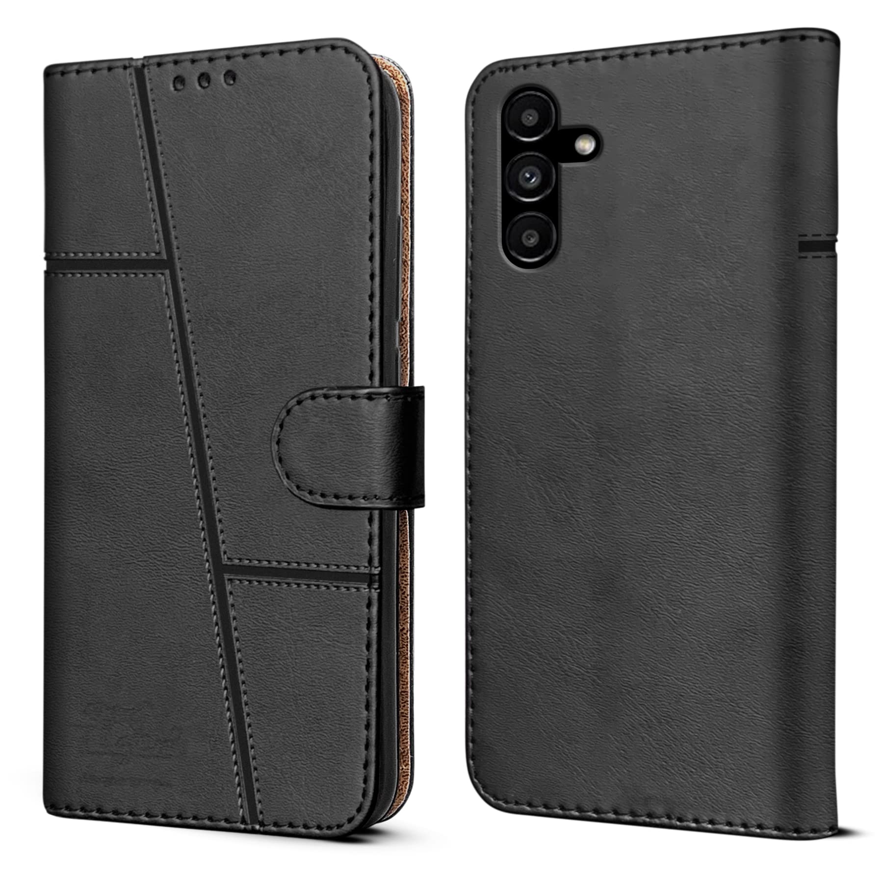 Jkobi Flip Cover Case for Samsung Galaxy A14 4G | 5G (Stitched Leather Finish | Magnetic Closure | Inner TPU | Foldable Stand | Wallet Card Slots | Black)