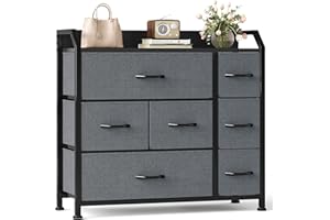 ‎CAIYUN CAIYUN Kommode mit 7 Schubladen, Schrank, Aufbewahrungsschrank, Kommoden & Sideboards aus Stoff mit Griffen, Holz Top & Metallrahmen, Möbel für Schlafzimmer, Wohnzimmer, Closet, Flurschrank - Schwarz