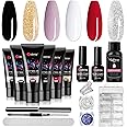 Mobray Poly Nail Gel Kit 6 Colors, 15ml Black Red White Gold Silver Colors Extension Nail Gel Starter Professional Kit with Base Top Coat and Accories for Nail Art Builder DIY