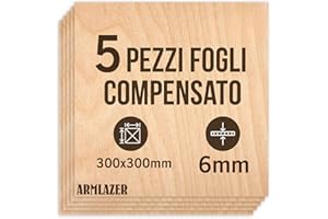 ARMLAZER COMPENSATO 300 x 300 х 6mm, 5 Pezzi, Pannelli di Legno, Pirografia, Tavola Modello Casa, Fai Da Te Fatto a Mano, Fogli Spessi di Compensato per il Taglio Laser