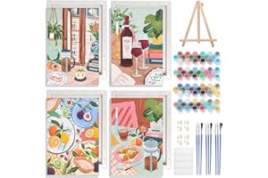 NAIMOER 4 Pezzi Cibo Dipingere con i Numeri Adulti Bambini con Cornice Detentore, Caffè Tè Paint by Numbers Kit Dipingere con i Numeri Pigmento Acrilico Decorazione Regalo 20x30cm