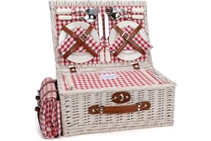 HAPPYPICNIC Picnic Cooler Basket Set for 4 Persons with Large Waterproof Picnic Blanket, Insulated Compartment and Cutlery Service Kit-Red