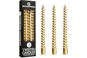 DECO EXPRESS Dinner Candles Pack 3 or 6 Twisted Candles White Red Gold Coloured Spiral Candles Non Drip Long Lasting Candles 6 Hours Burn Non Scented (Gold, Pack of 3)
