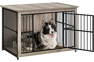 Feandrea Hundekäfig Möbel, Beistelltisch, Hundebox, Moderne Hundehütte Indoor für Hunde bis zu 32 kg, hochbelastbar, geschlossener Boden, Hundehaus 2 Türen, Greige meliert PFC023G01
