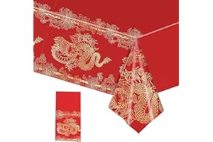 POPOYU Chinese New Year Tablecloth 137*274cm Plastic Tablecover for New Year Table Decorations,Chinese New Year Decorations 2024,Red Blessing Table Cloth Party for Chinese Dragon New Year Spring Festival