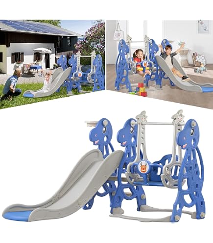 HENGMEI Toboggan Intérieur 4-en-1 - Aire De Jeux Enfant Avec Basket Et Balançoire - Bleu