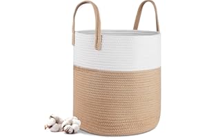 Lannvan Panier a Linge - 40 x 35 cm Paniers de Rangement Pliables - Panier à Linge en Corde de Coton avec Poignées - Panier de Rangement pour Jouets - Pour le salon, la salle de bain,Jaune