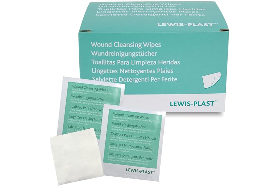 Lewis-Plast Premium Saline Sterile First Aid Alcohol Free Wipes - Box of 100 Antiseptic Antibacterial Medical Grade Cleaning Wipe for Wound, Cleansing Area Before Injection and Piercing, Green
