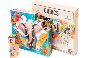 CUBICS – Montessori Träpussel 6-i-1 för Barn 3+ År – 36 Träkuber med Djur, Alfabet & Siffror – Pedagogisk Träleksak