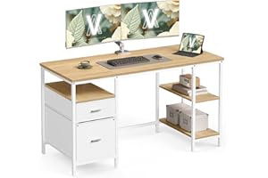 ‎VASAGLE VASAGLE Biurko komputerowe, biurko, stół do pisania, z 3 półkami, 2 szufladami, 60 x 140 x 76 cm, do biura, salonu, styl nowoczesny, dąb naturalny i biel perłowa LWD104Y01