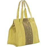 Jute Cottage Eco-Friendly Lunch & Grocery Bag for Men & Women | 10x10x6 in Olive Green Jute with Vertical Brocade Fabric & Zi