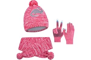 AOTOW Kinder Winterhandschuhe Mütze Schal Set: Junge Mädch Beanie Thermo Strickmütze Winterschal mit Touchscreen Handschuhe FleeceFutter Winterset 5-10 Jahre (Rosa)