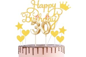 HONGCI Happy 30th Birthday Cake Topper & Candles - Gold Number 30 for Cake Decorations - Cupcake Topper for Women, Her, Men, Him