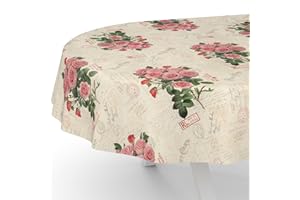 ANRO Nappe en toile cirée - Lavable - Pour table de jardin - Motif carte postale - Roses - Ovale - 220 x 140 cm - Bord coupé