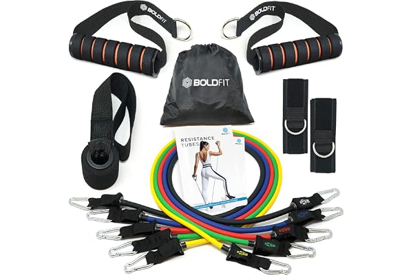 Boldfit Resistance Band Set with Handles, Portable Toning Tubes with Door Anchor & Foam Handles. Resistance Tube Kit with Bag and Ankle Straps Included. (11 Pieces Tube Set), Multicolor, L