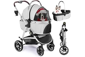 DAISTERN Carro para Perro 4 en 1 25KG, Carrito Gato Plegable de Viaje Mascotas con Marco de Aleación Alúmina Anódica 360 °Neumáticos de Goma Giratorios Gran Capacidad de Almacenamiento, Gris
