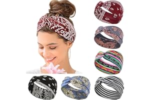KAVYA Opaski do włosów damskie, szerokie, elastyczne, miękkie, 6 sztuk, na lato, boho, z nadrukiem, ozdoba do włosów, do jogi, sportu, wielokolorowe, cienkie opaski na czoło (E)