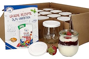 MamboCat 12er Set Weckgläser mit Frischhaltedeckel 220 ml I Original Weck Tulpenglas Joghurtglas, Dessertglas I Einweckgläser mit Deckel für Kuchen Gelees inkl. Diamant-Zucker Gelierzauber Rezeptheft