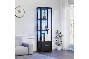 BROTTAR Bookcase with 3 Color Lights, Tall Bookshelf Shelving Storage Organizer with Human Body Sensor, Display Case with Drawer for Living Room, Bedroom, Office, D30x W48 x H160CM, Black