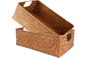 LOPYXBR 2 stycken förvaringskorg av sjögräs, förvaringskorg flätad, 34 x 23 x 11 cm korg flätad fyrkantig, förvaringskorg för