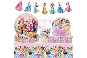 Forhome 52 Stück Partygeschirr Set, Prinzessin Tableware Kindergeburtstag Deko, Prinzessin Party Set, Geburtstag Party Supplies, Teller, Tassen, Servietten, Banner, Tischdecke für 10 Personen