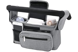 MORDELY Universal Stroller Organizer with Insulated Cup Holder - Detachable Phone Bag & Shoulder Strap, Fits for Stroller Like Uppababy, Baby Jogger, Britax, BOB, Umbrella and Pet Stroller (Black) (Grey)