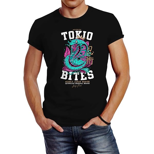 Neverless Herren T-Shirt Mit Japan-Kobra-Print – Schickes Shirt Mit Tattoo-Design & Japanischen Schriftzeichen