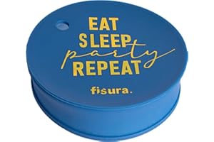 Fisura – Pokrywka na kubek "Eat, sleep, party, repeat”, niebieska osłona silikonowa wielokrotnego użytku, zabezpieczenie napoju przed rozlaniem i dostępem niepożądanym.