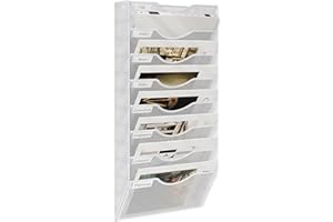 TQVAI 8-Tier Hanging Wall Files Organiser, Magazine File Holder, A4 Paper Storage, Document Holder, Wall Mounted Magazine Rack, White