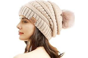 REDESS Gorro de Invierno con pompón para Mujer, cálido Forro Polar, Grueso, Holgado, Tejido de Nieve, Grueso, Holgado, Gorra de esquí con Calavera