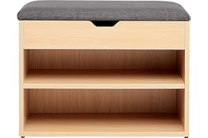 Amazon Basics Schuhregal, 2 Ebenen, aus Holz, mit Sitzpolster aus Stoff, Natur mit Grauem Polster