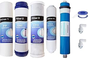 Depuragua - Kit Ricambi Osmosi Inversa | Filtrazione Acqua | Set Completo 5 Filtri | Resistente | Membrana 50 GPD 200 Litri | Filtri per Depuratore Osmosi Inversa |