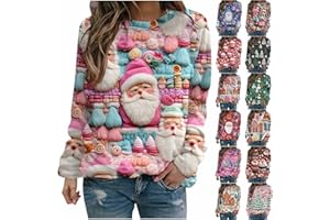 AEGJEGVD Womens Christmas Sweatshirt Clearance,Ladies Santa Claus Xmas Tree Snowman 3D Digital Printed Jumper Crewneck Ugly Long Sleeve Pullover Sweater Funny Blouse Winter Casual Going Out Jumpers Shirt S-5XL