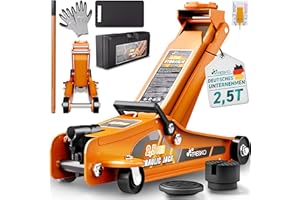 TRESKO® Wagenheber hydraulisch 2,5T Hubhöhe 85-385mm mit Koffer | Hydraulik KFZ Rangierwagenheber flach für tiefergelegte Autos - 360° Rollen inkl. 2X Gummiauflage, Kniematte, Handschuhe, Profilmesser