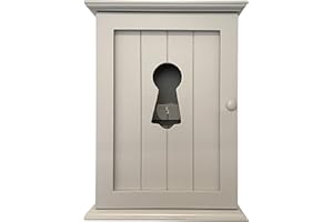 GreyZouq Wooden Key Cabinet Wall Mounted Cupboard. Keyhole shaped window design or elephant carving. Perfect Organiser for Keys. Magnetic Door Closure and Six Hooks (Light Beige Grey)