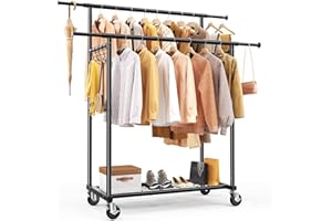 HOKEEPER Double Rod Clothes Rail, Heavy Duty 204kg(450lbs) Capacity with Wheels & Shelves, Portable Clothing Rack for Bedroom, Laundry Room, Coats & Garments, Black