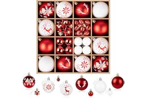 ilauke 60pcs Bolas de Navidad Blanco y Rojo,2/3/6cm Adornos Arbol Navidad,Bolas de Decoración Navideña de Plástico Adornos Navideños,Bolas de Árbol de Navidad Adorno para Decoración de Fiesta Bodas