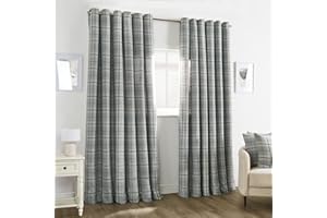 OHS Grey Eyelet Curtains for Living Room Bedroom, Soft Decorative Woven Check Blackout Thermal Curtains Modern Fully Lined Curtain for Window Treatment 2 Panel, 66" x 90"