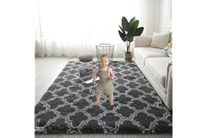 Gsogcax Rugs Living Room 6.56'x9.84' Super Soft Fluffy Area Rugs for Bedroom Shaggy Anti-Skid Comfortable Large Rugs Indoor Modern Home Decor Floor Carpet - Dark Grey&White 200x300
