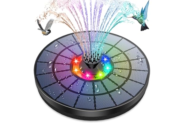 AMZtime LED Fontaine Solaire Extérieur 5.5W avec Lumières Colorées LED et Batterie et 7 Buses Pompe Solaire Fontaine, pour Bassin Bain d'oiseaux Jardin