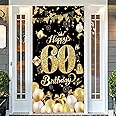 Black Gold 60th Birthday Decorations - Happy 60th Birthday Party Backdrop for Women & Men - Door Hanging Banner (90*185cm)