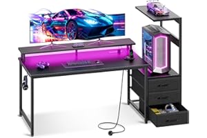 Coleshome 150×50 cm Gaming Desk with LED Lights & Power Outlet, Reversible Computer Desk with Drawers, Gaming Table with Storage & Monitor Stand, Carbon Fiber Black