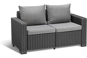 ‎KETER "Allibert by Keter" California 2-Sitzer Gartensofa für Balkon und Terrasse, inklusive Sitzauflagen und Rückenkissen, runde Rattanoptik, Lounge Gartenmöbel, Graphit/panama cool grau, 141 x 68 x 72 cm
