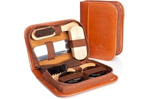 MIANA CREATIONS Miana Shoe Care Kit Travel Shoes Shine 7 Piece Brush Polish Set with PU Leather Luxury Case Premium Quality Soft Horsehair Bristle Shoe Dauber,Shoe Polish, Wooden Applicator Brushes, Shoehorn, Cloth