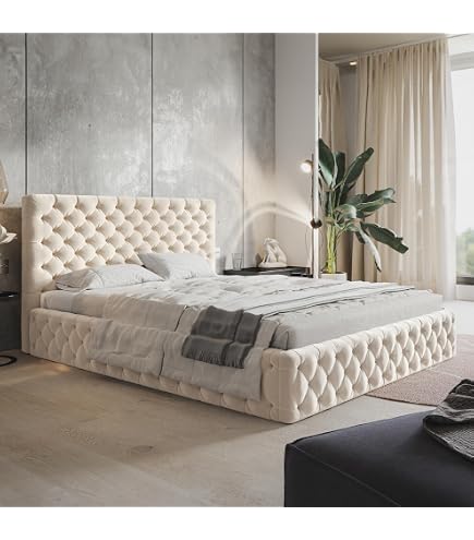 Doppelbett Paris 180x200 Cm – Chesterfield Polsterbett In Champagner Samt, Mit Kopfteil