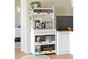 NETEL Kitchen Bakers Rack with Drawer, Kitchen Cabinets with Worktop,Power Holes and Wheels,Kitchen Dresser Cabinet,Kitchen Pantry Cupboard Free Standing,Coffee Bar Station