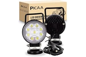 PICAA 2PCS 4 pouces 27W Rond Portable LED lumière de travail base magnétique Flood 12V 24V 6000K LED Conduite Lumière Feux de Recherche pour Voiture Hors Route Camion 4x4 SUV ATV Tracteurs