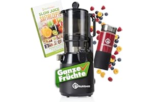‎NUTRILOVERS Nutrilovers Entsafter NUTRI-PRESS MAX Ganze Früchte entsaften Slow Juicer Slow Juicer Kaltpresse mit XXL 135 mm Öffnung, BPA-frei inkl. Saft-Flasche, Slow Juice Rezeptbuch