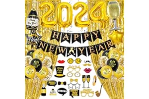 WLKQY Silvester Deko 2024, Schwarz Gold Neujahr Deko 2024 Happy New Year Banner, 2024 Folienballon Konfetti Luftballons, 2024 Foto Requisite Party Dekoration Set, Glitzer Vorhänge für Silvesterparty
